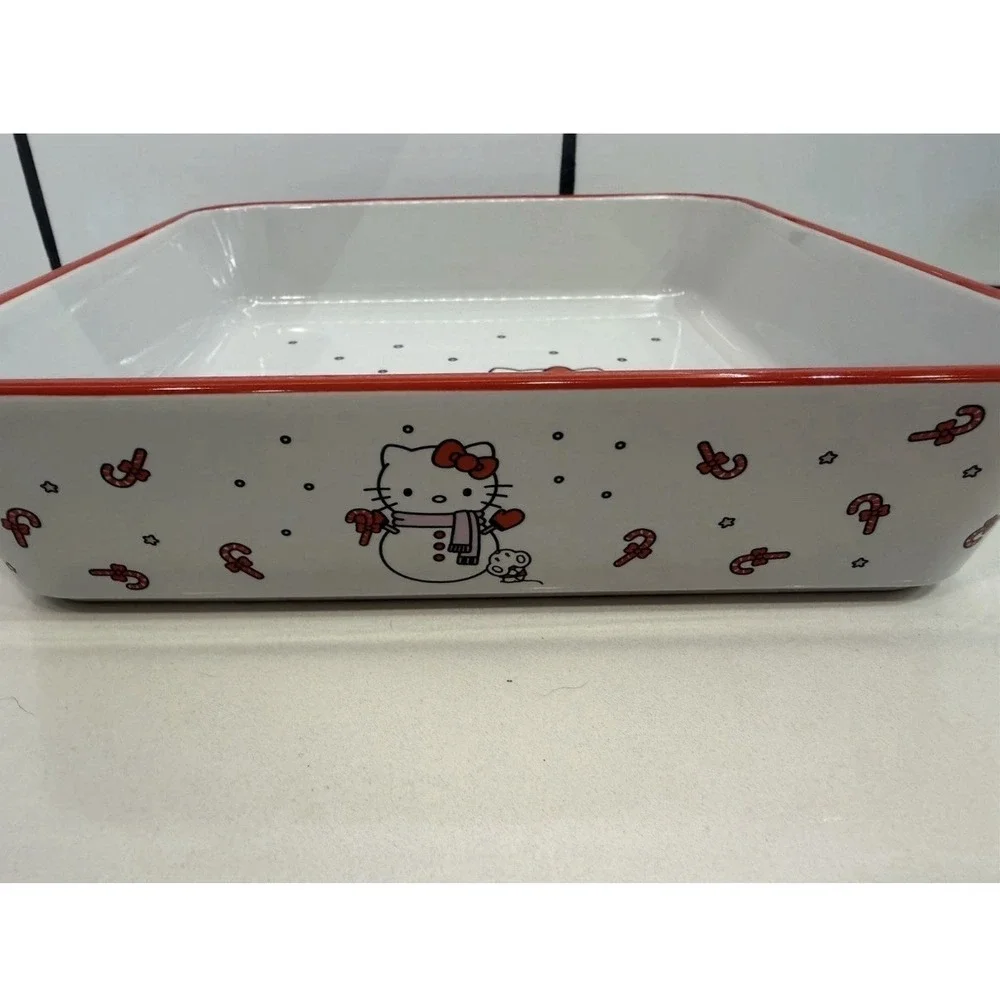 NEW Hello Kitty Christmas White Snowman & Candy Canes Square Ceramic Baking Dish